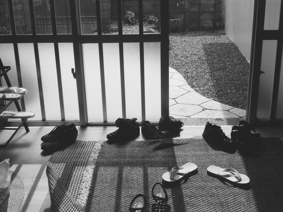 Footwear arranged on a mat near a sunny garden door